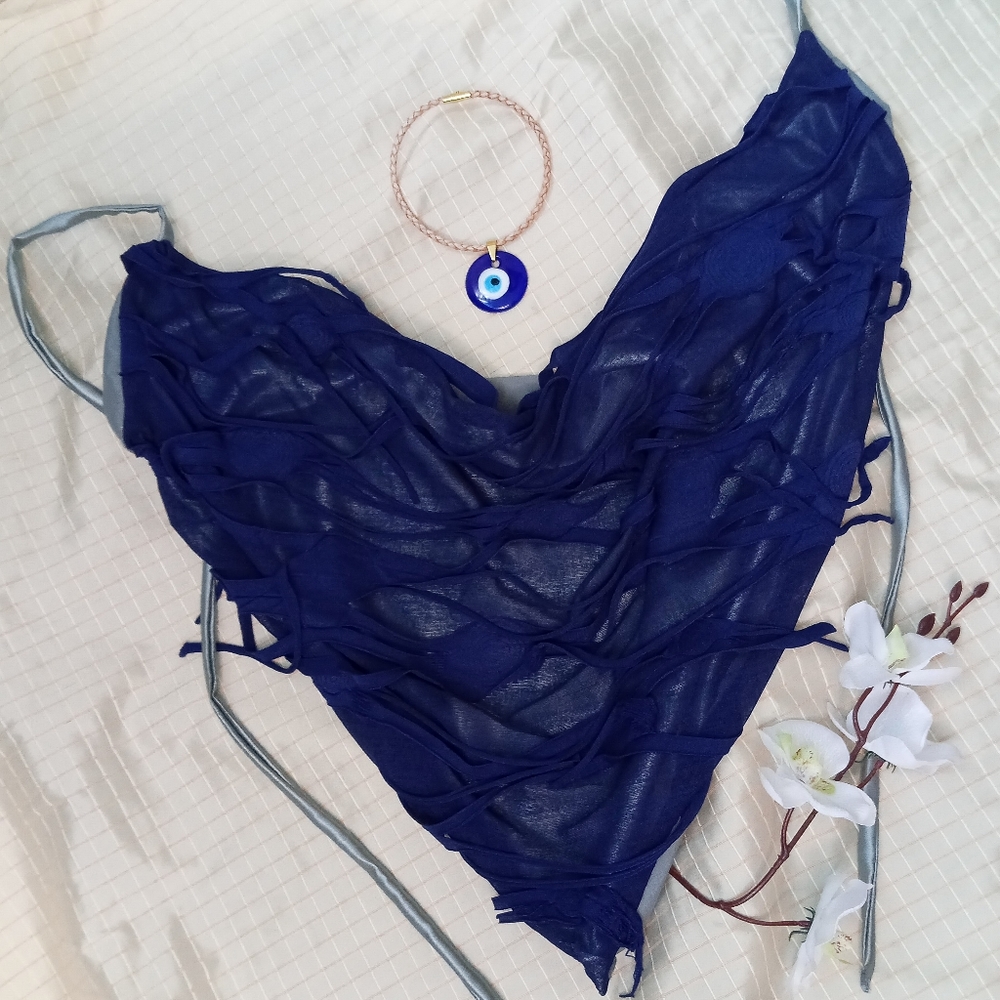 Navy Blue Draped Top with Fringed